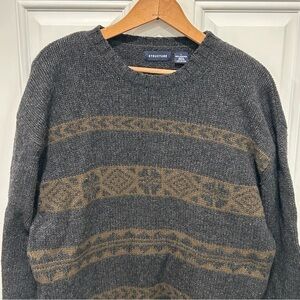 Vintage Structure Mens Gray/Tan Wool Crew Neck Fair Isle Nordic Sweater, Sz L
